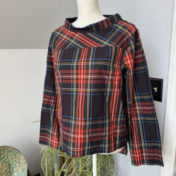 J. Crew Jewel Button Funnel Neck Tartan Plaid Popover Shirt Holiday Party Size 6 - Picture 1 of 9